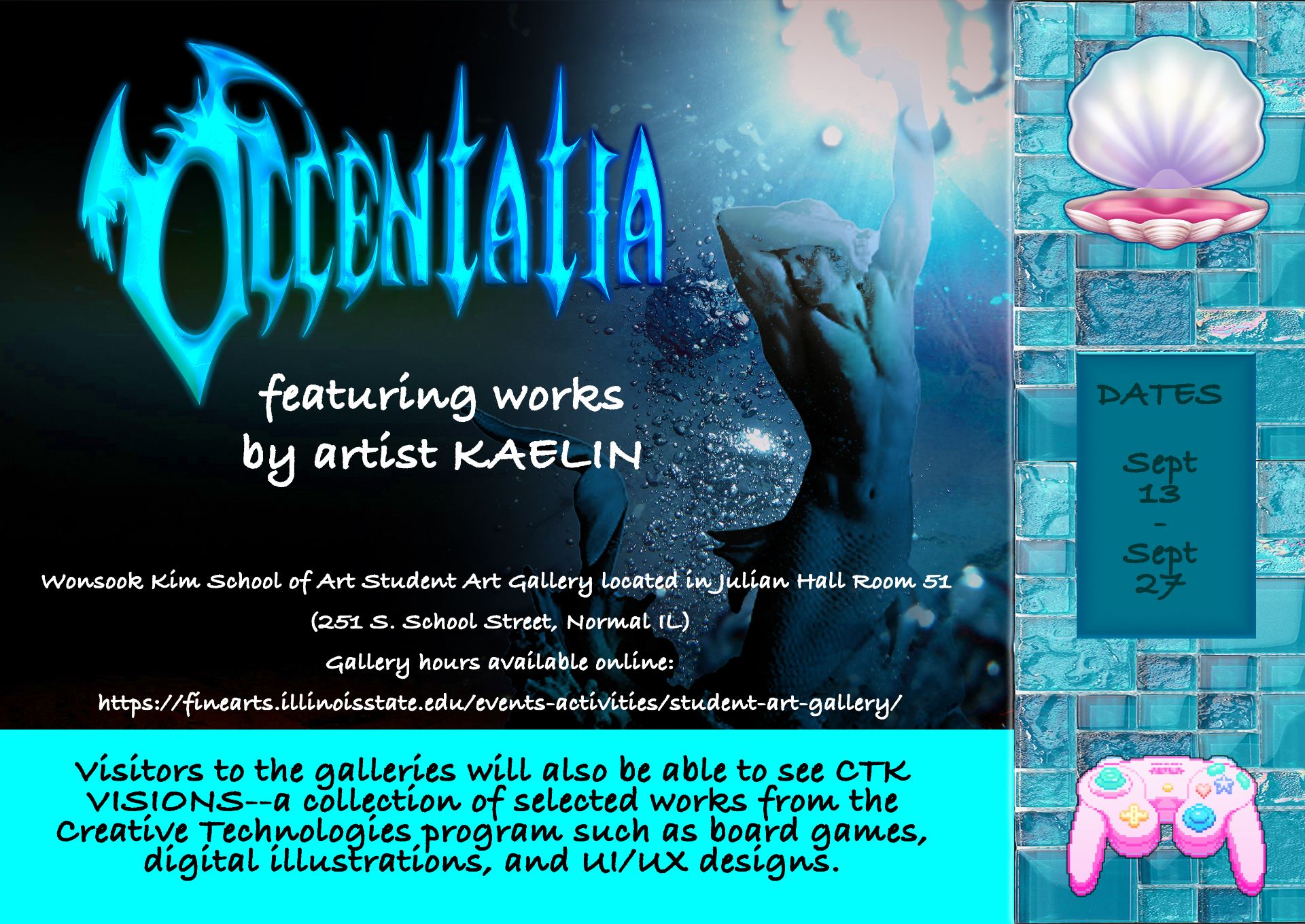 a muscular androgynous mermaid floats before a blue bubbly background and gothic font in bright colors