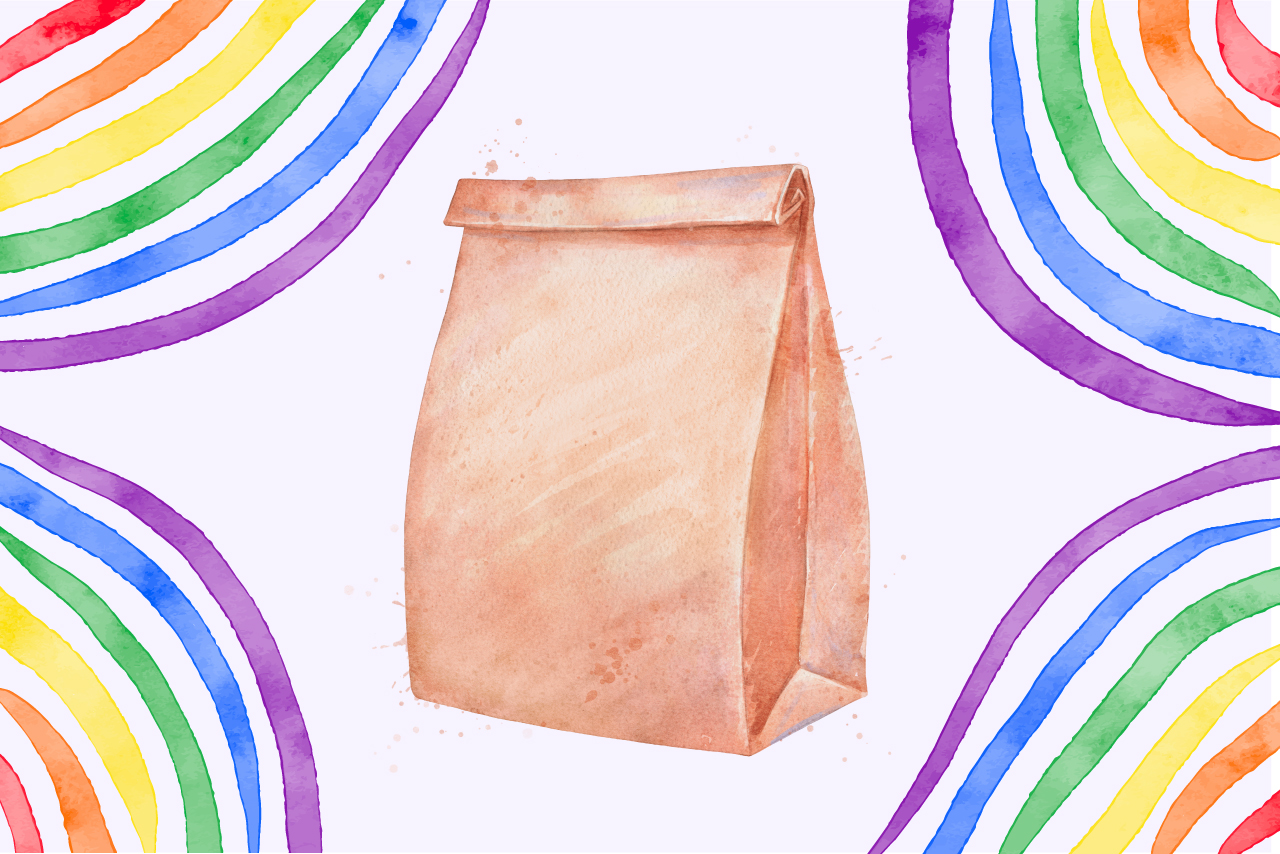Image of brown paper lunch bag with rainbows