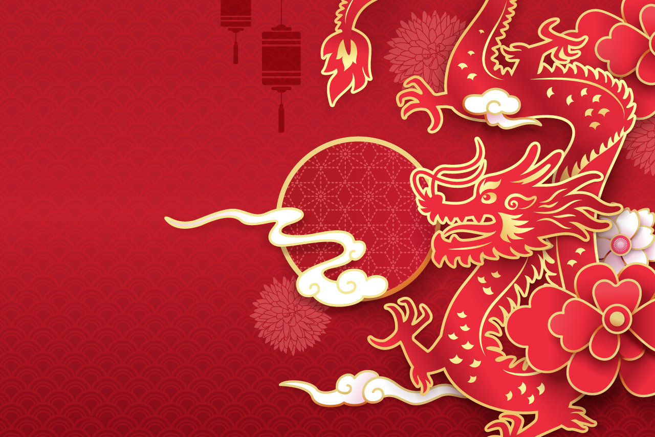 eastern style dragon against a red patterned background