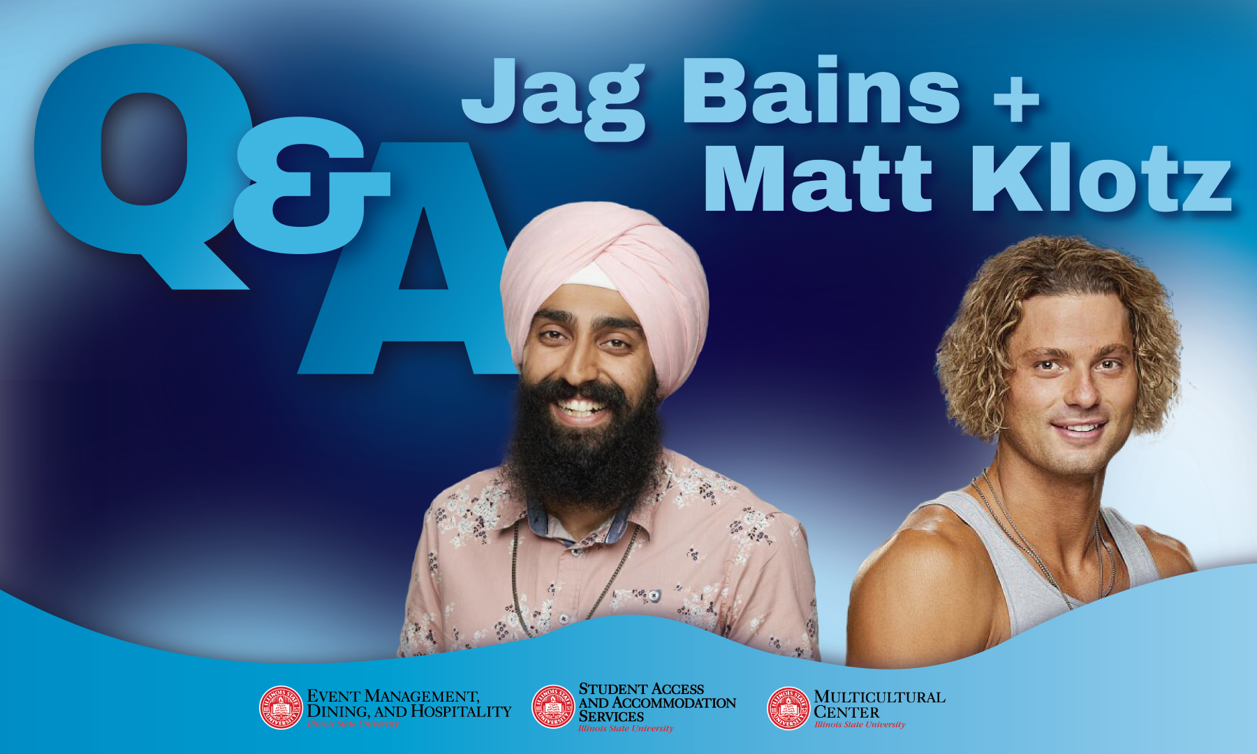 Jag Bains and Matt Klotz headshots with Q+A next to them and sponsor logos on blue background. Jag Bains is wearing traditional Sikh turban.